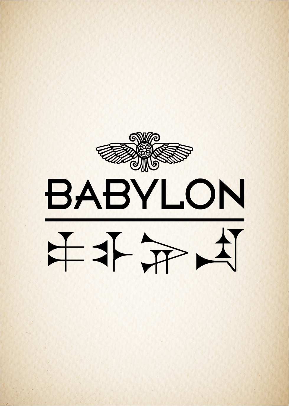 Babylon wordmark and winged emblem on textured paper