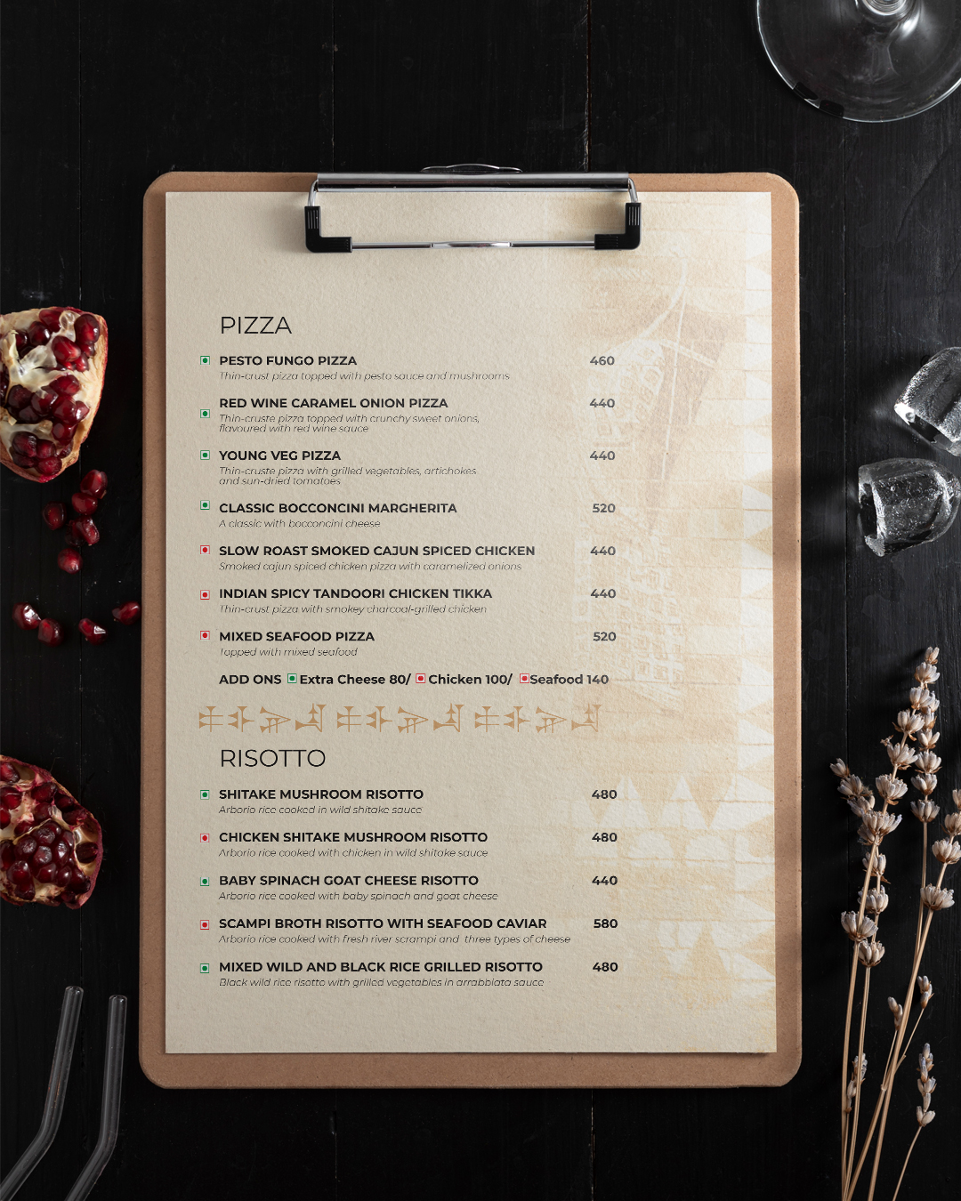 Babylon pizza and risotto menu page on a clipboard