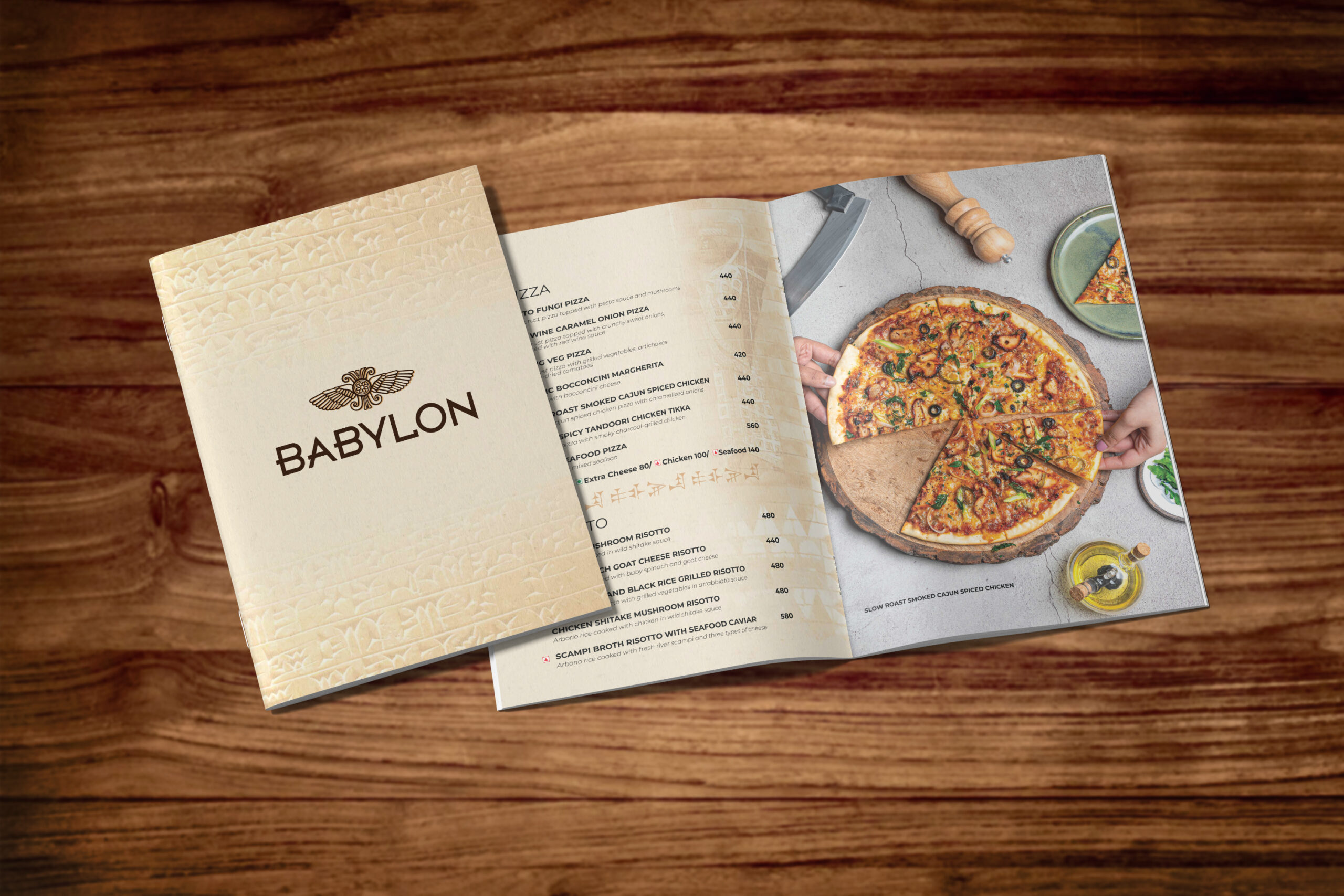 Open Babylon menu showing a pizza photograph and menu listings