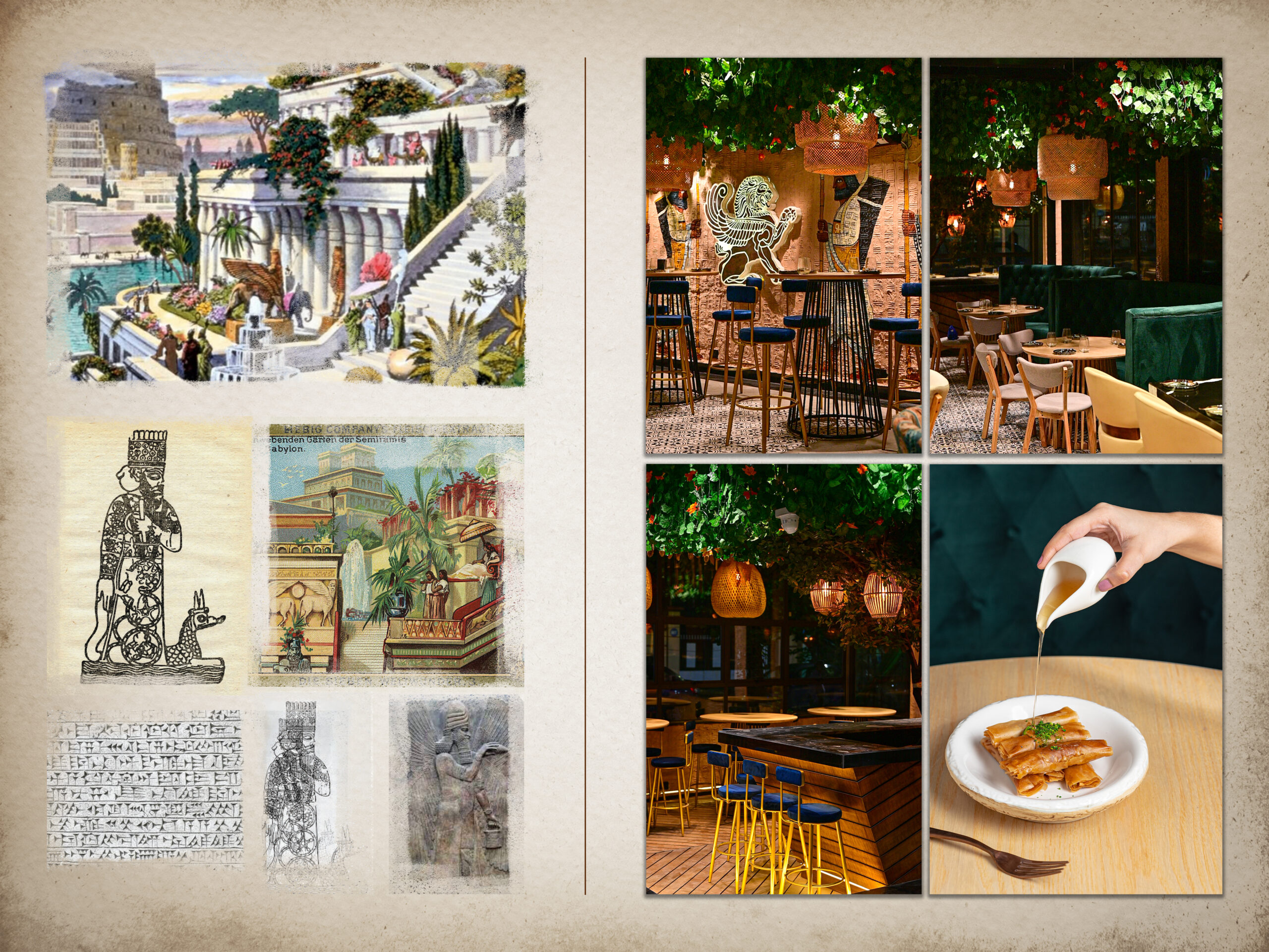 Collage of Babylonian references, restaurant interiors and a plated dessert