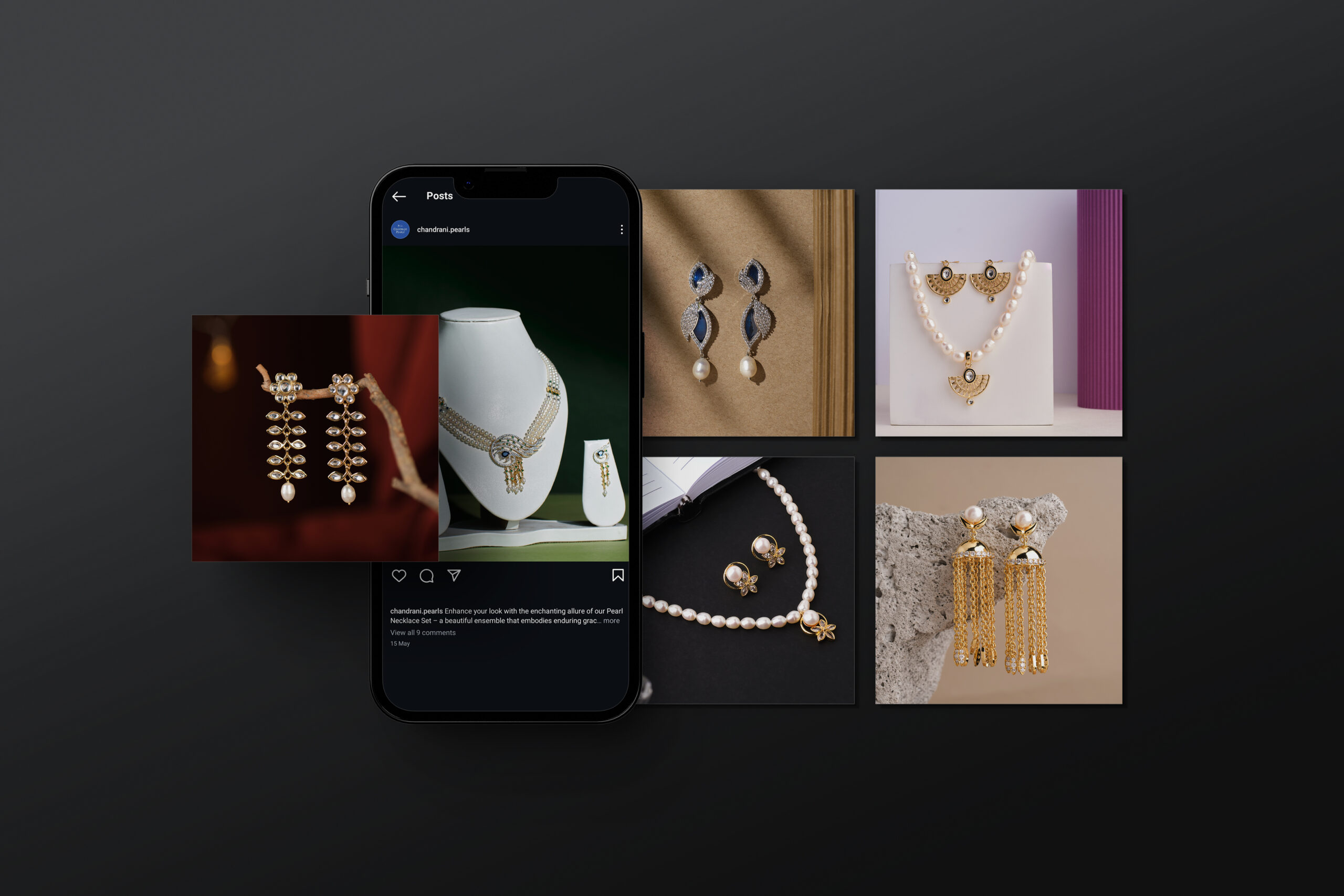 Phone and jewellery photographs arranged as a Chandrani Pearls social media composition