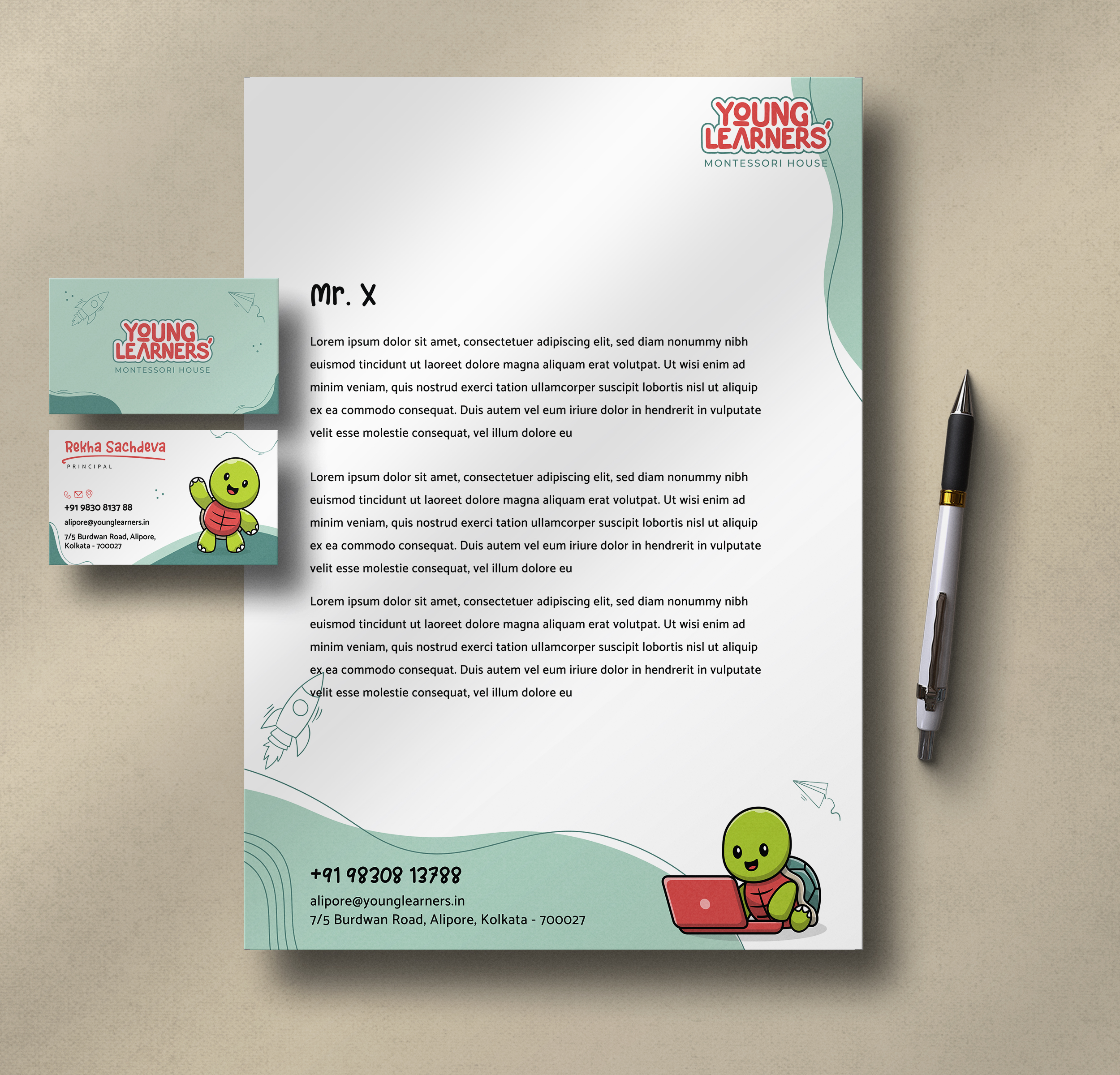 Young Learners stationery mockup with letterhead and business cards