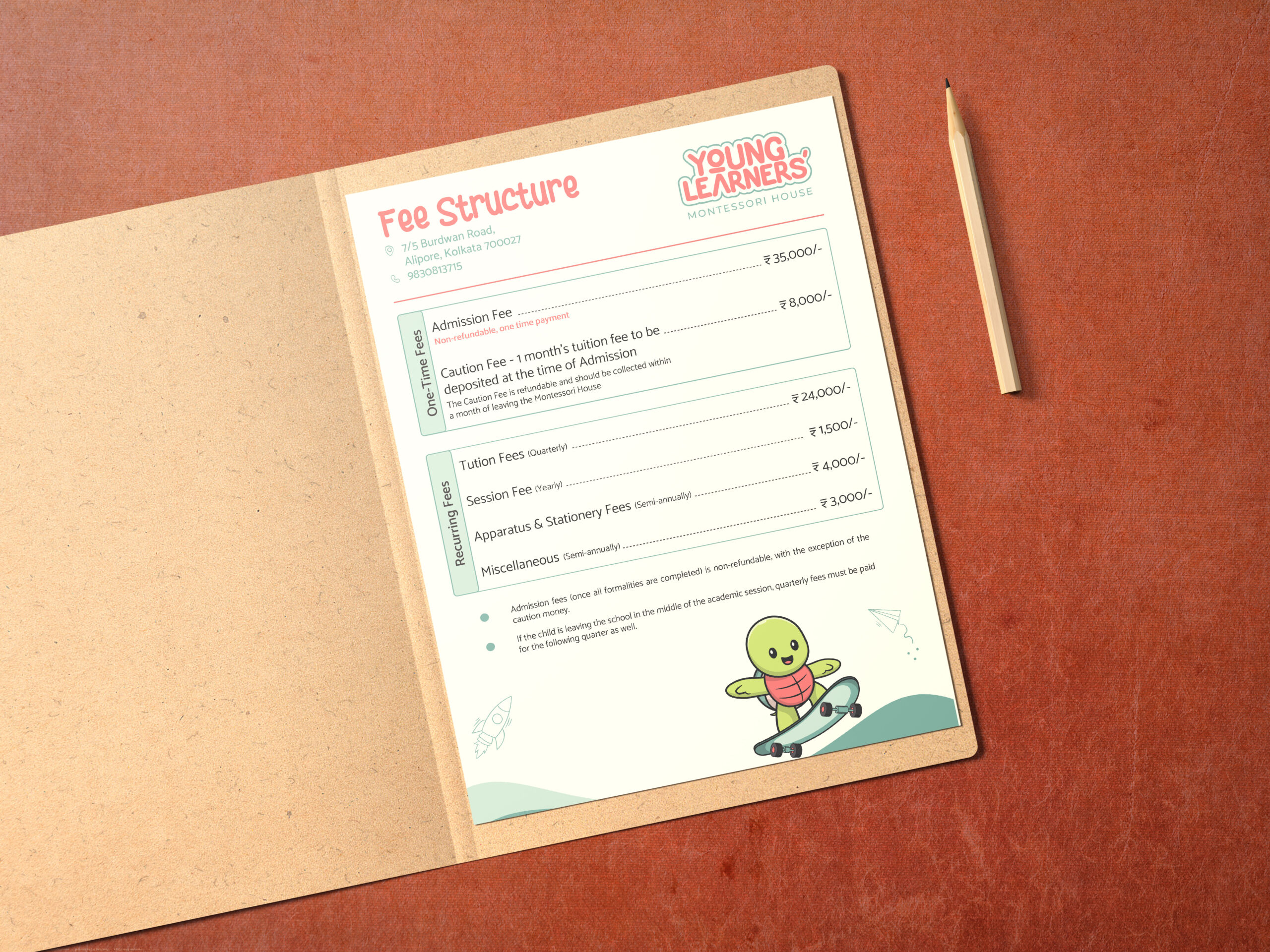 Young Learners fee structure page in an open folder